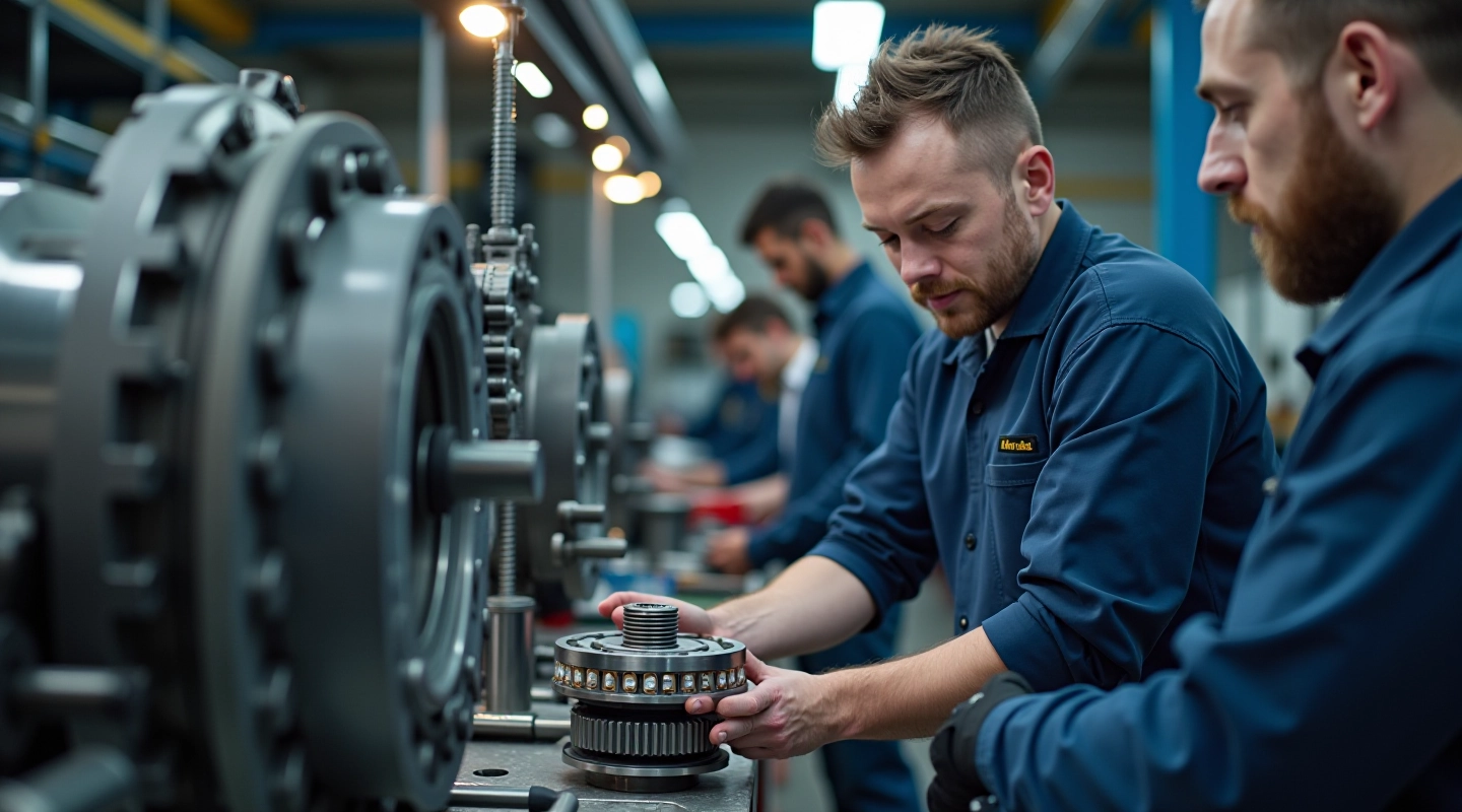 Modern automotive workshop with bearing assembly equipment and tools