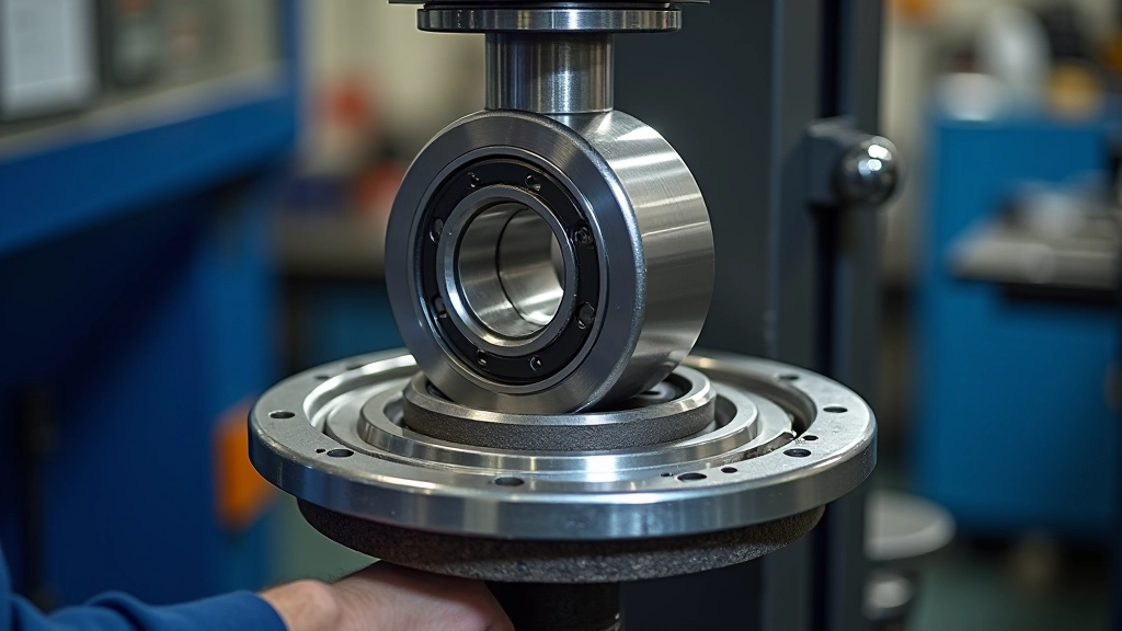 Bearing assembly properly positioned on hydraulic press with alignment guides and safety stops visible