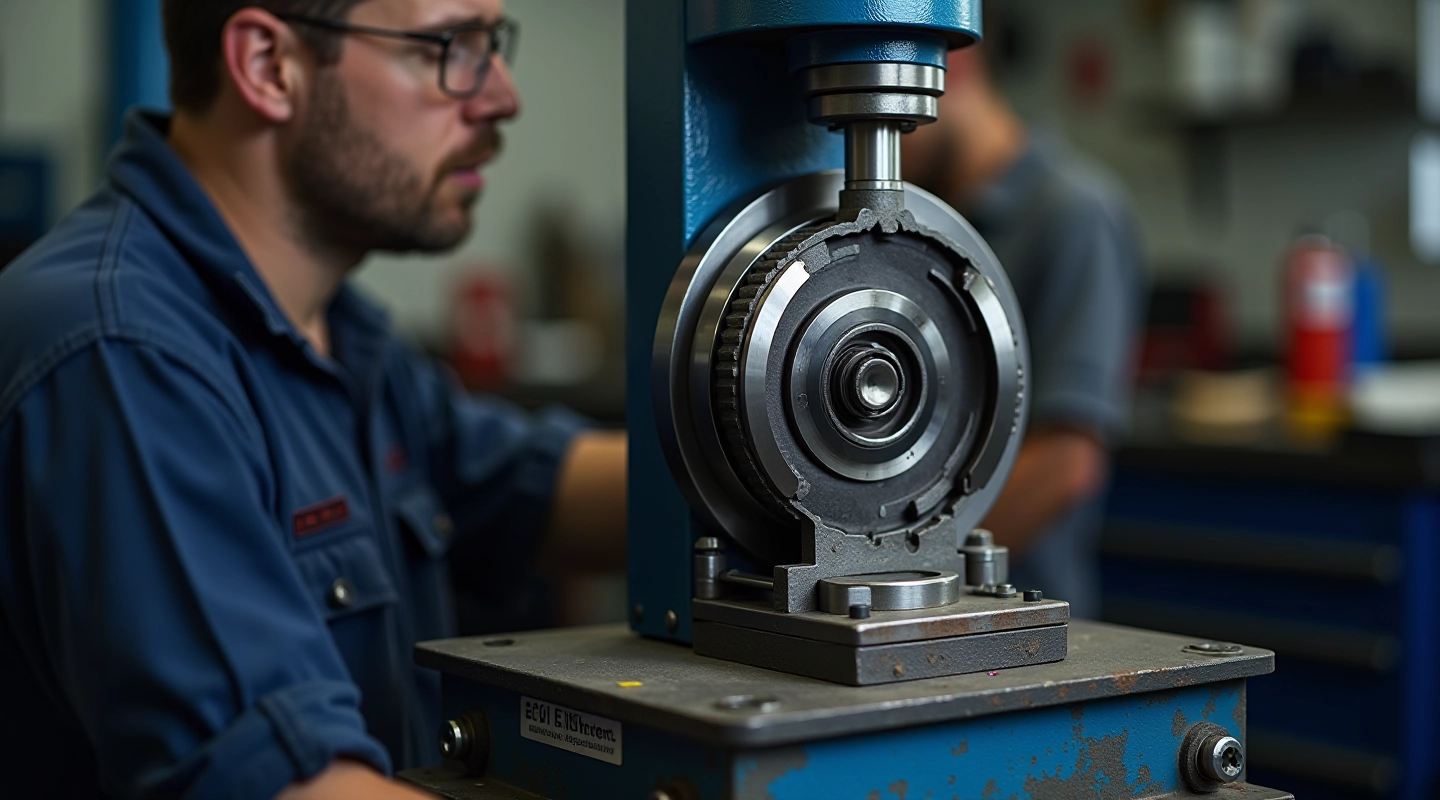 Close-up of bearing press machine with mounted hub assembly in workshop setting