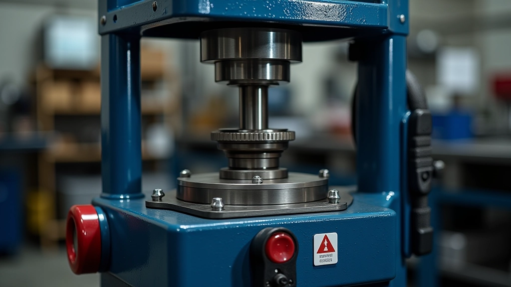 Workshop bearing press station with all safety guards in place, emergency stop button clearly visible and accessible