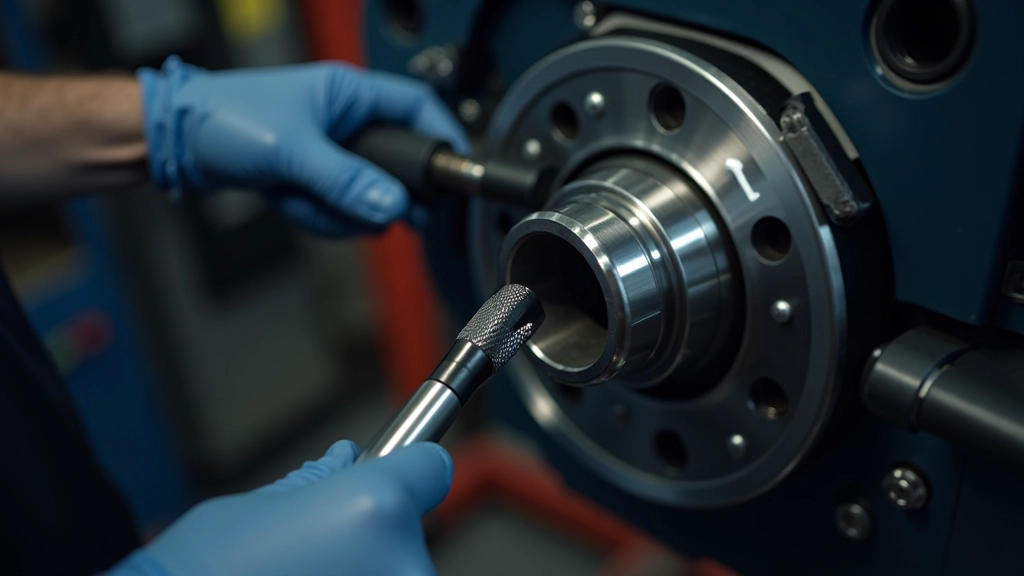 Close-up of bearing being inspected after pressing operation, showing proper installation with precision measurement tools