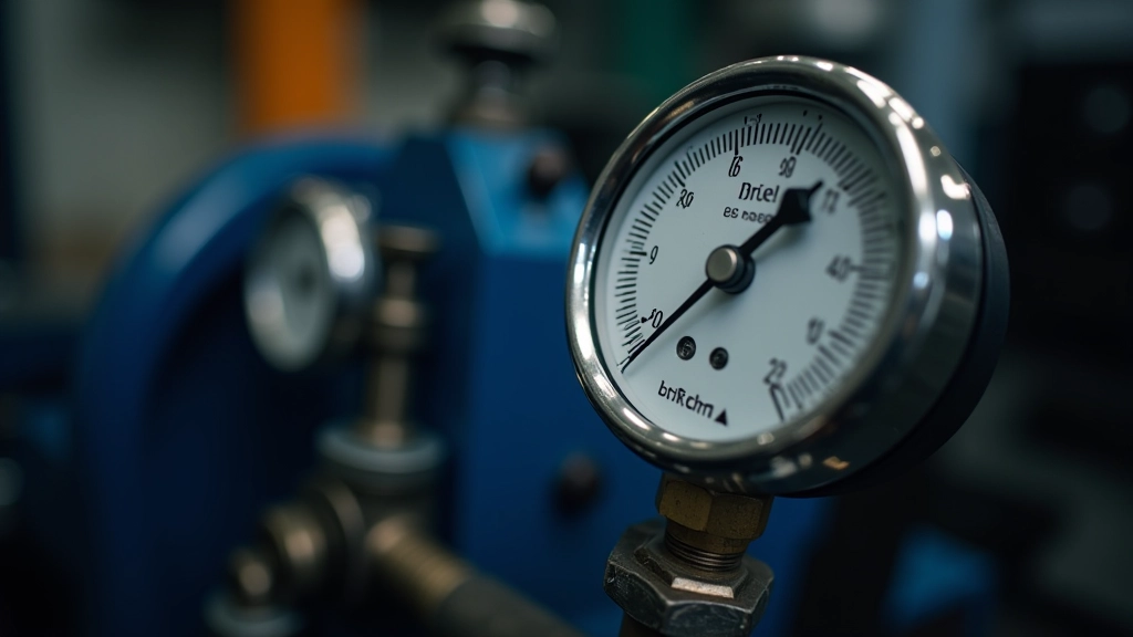 Close-up of hydraulic bearing press gauge showing pressure scale with adjustment valve and pressure relief dial