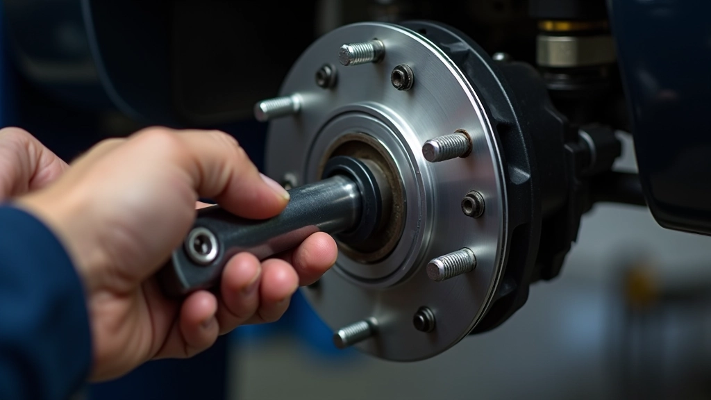 Close-up of hub assembly mounting showing brake caliper bracket bolts and axle connection point with measurement scale
