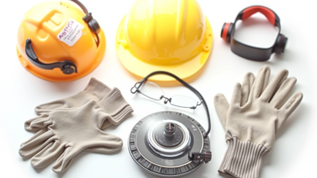 Complete personal protective equipment laid out on workbench including hard hat, safety glasses, hearing protection, work gloves, and steel-toed boots