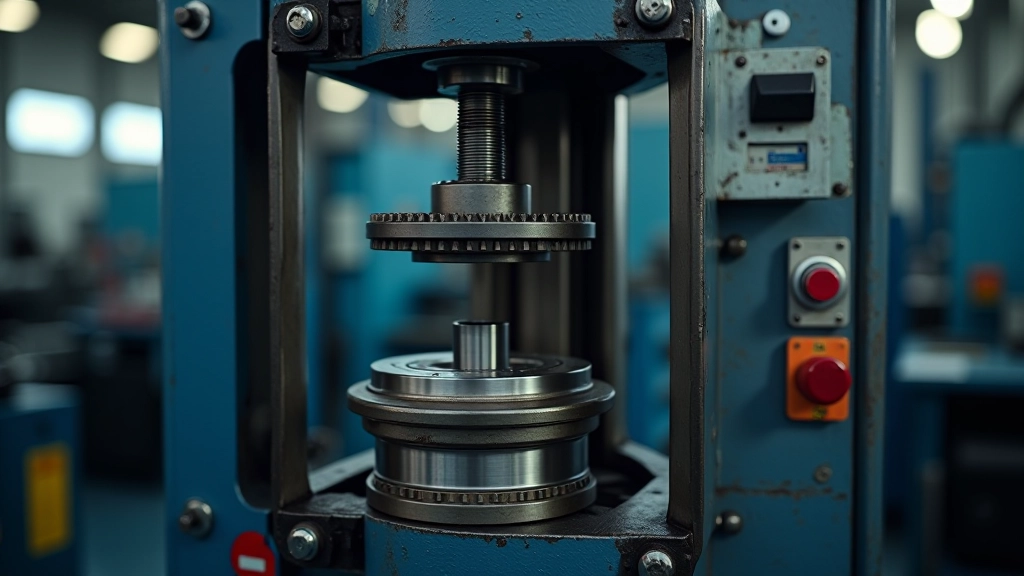 Bearing press machine with safety guards installed, control panel visible, and emergency stop button highlighted in red