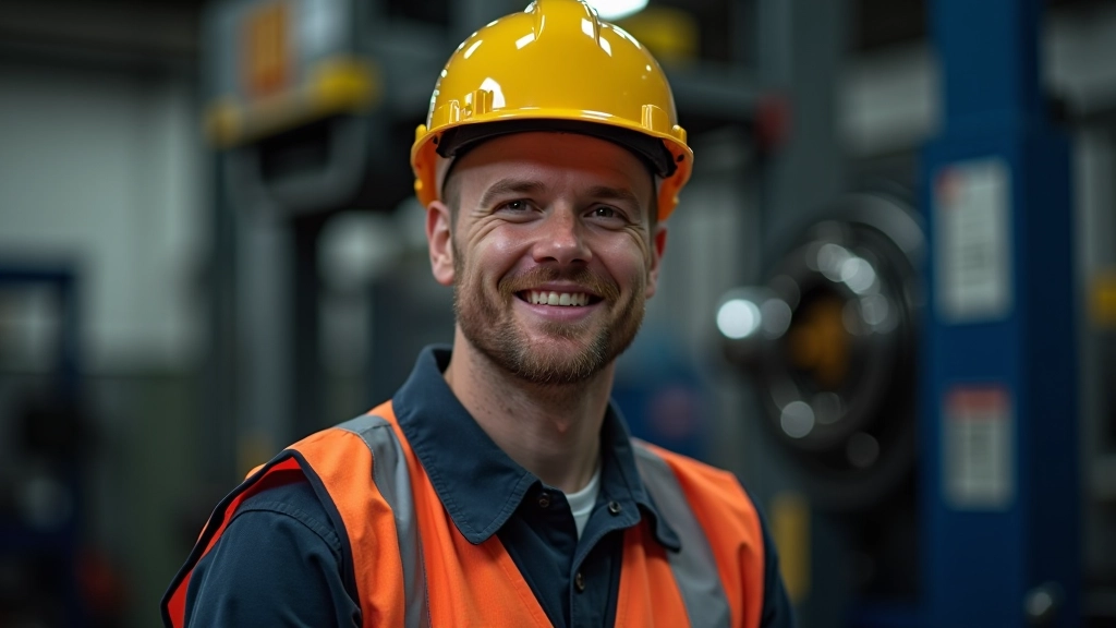 Professional mechanic wearing full safety equipment in modern workshop setting with bearing press machine in background