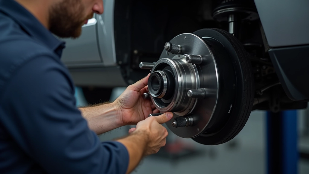 Technician reinstalling hub assembly onto vehicle suspension with brake components reconnected