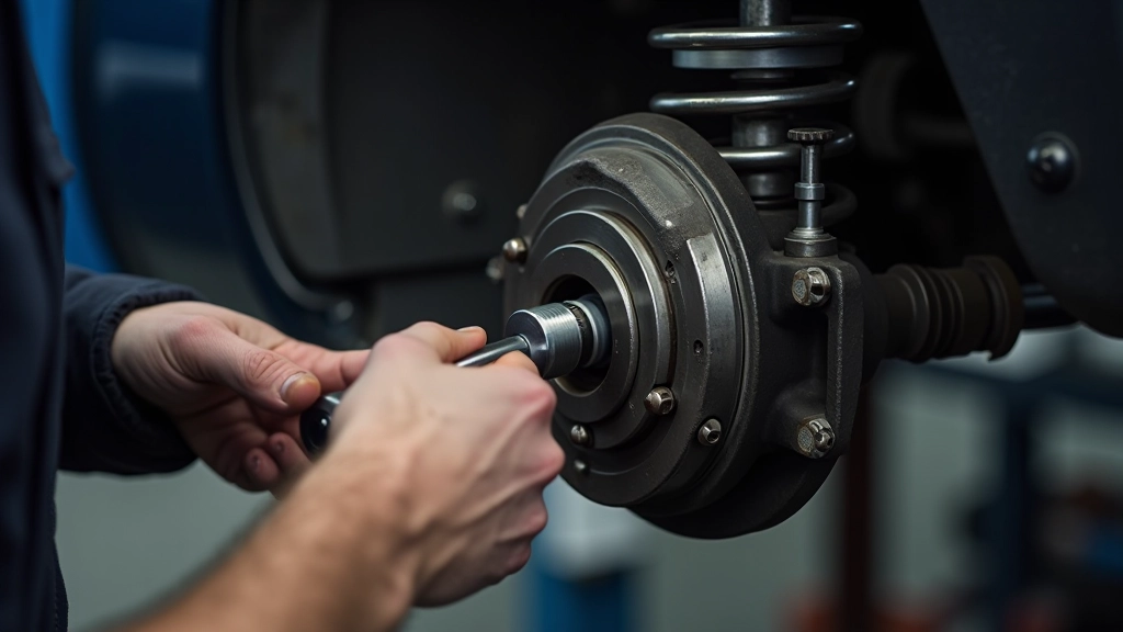 Mechanic carefully tapping hub assembly with plastic mallet to loosen it from axle splines after bolt removal