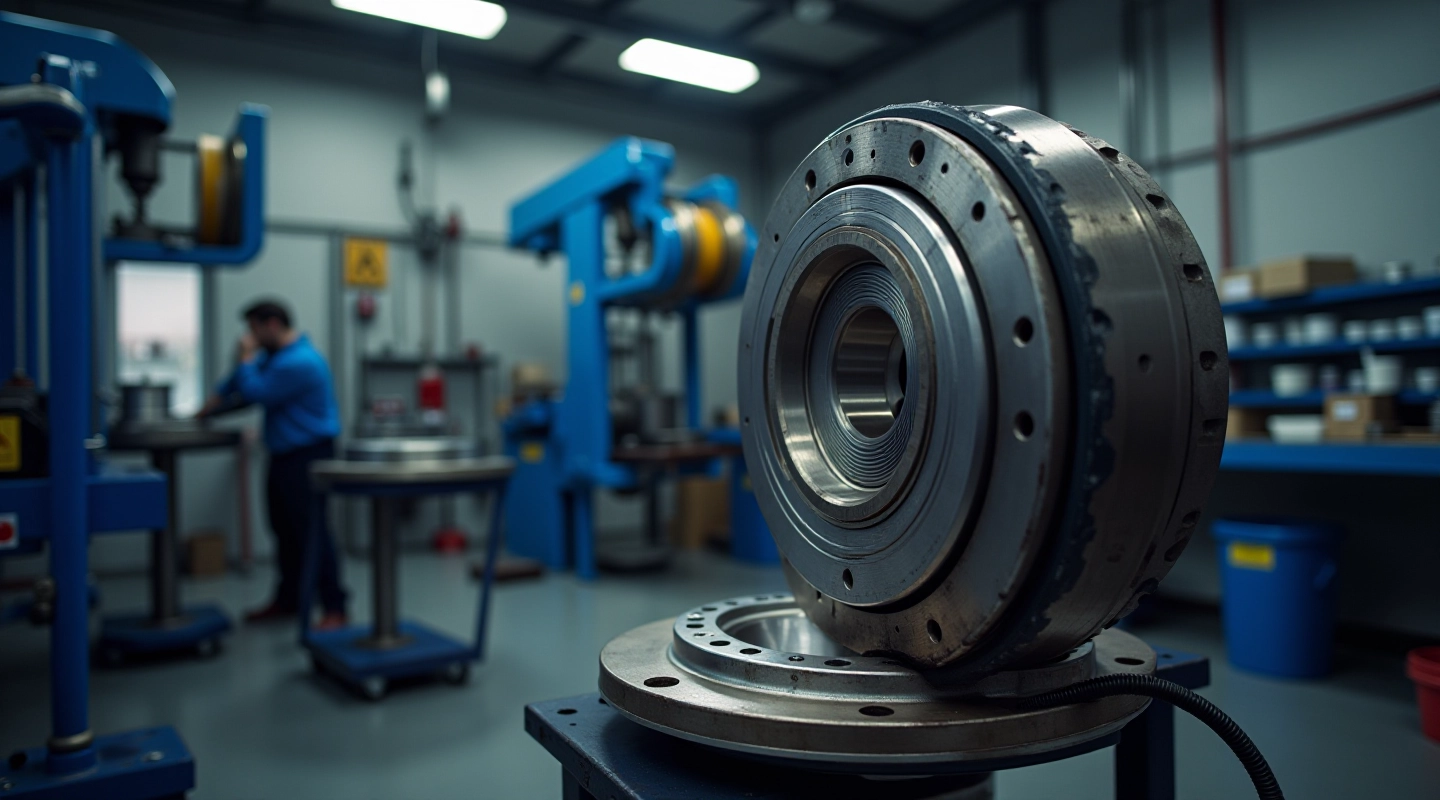 Professional workshop bearing press equipment with mounted hub assembly ready for service
