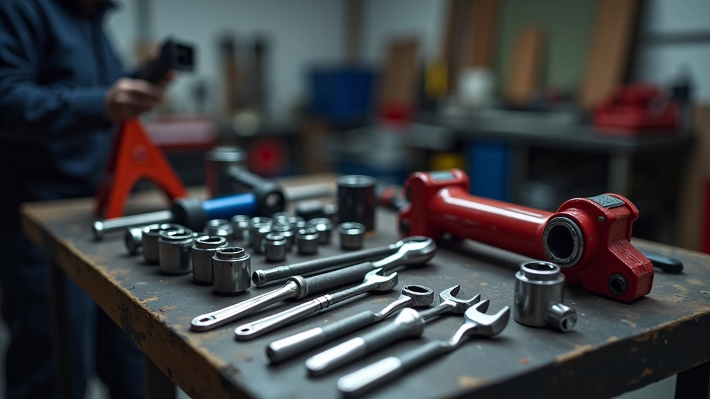 Mechanic laying out organized tool setup including socket set, breaker bar, jack stands, and brake cleaner for hub removal procedure