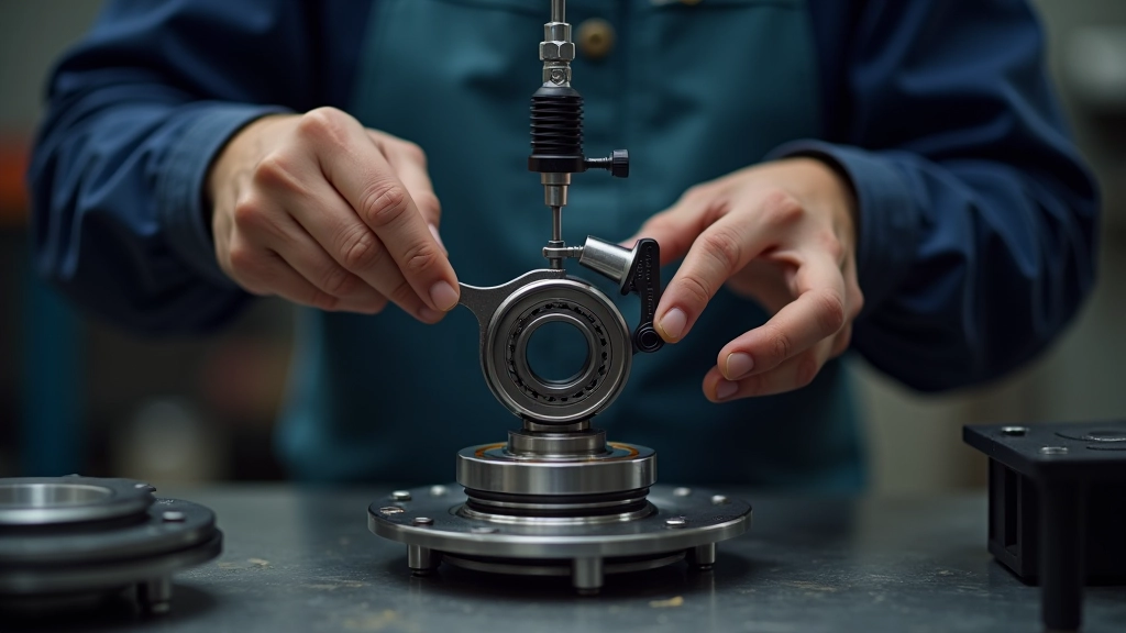 Measurement gauge being used to check installed bearing clearance and alignment on hub assembly