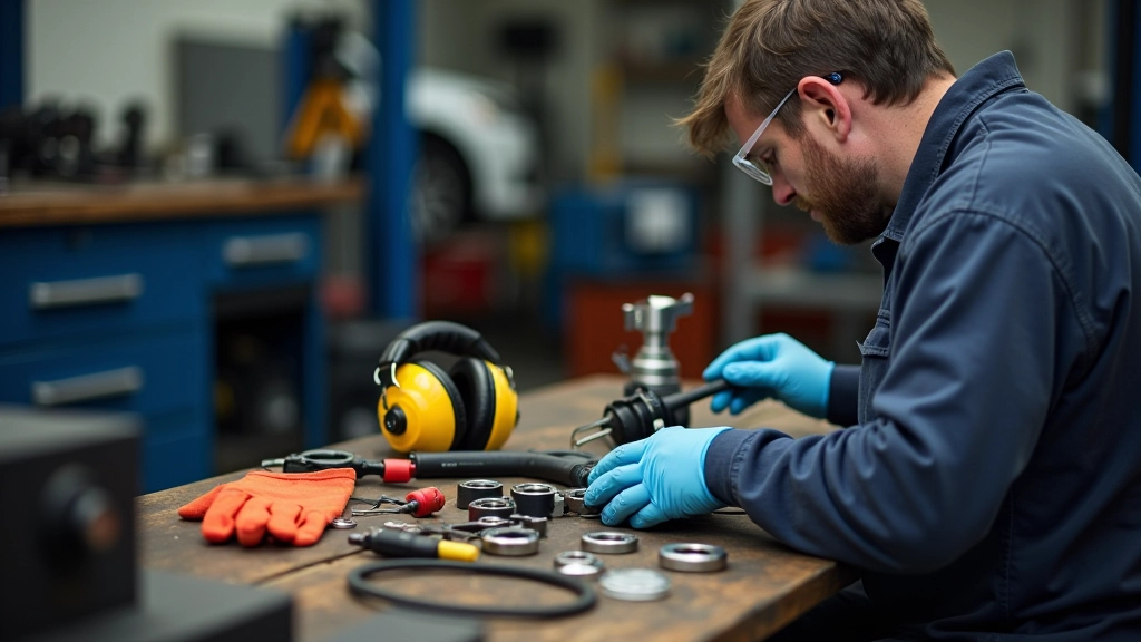 Safety equipment and protective gear including gloves, eye protection, and hearing protection arranged on workshop table